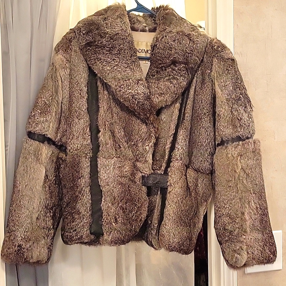 Rabbit fur jacket, satin lined, with leather trim/accent